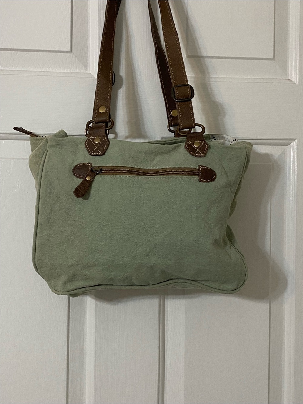 Myra Bag Sage Green Canvas Shoulder Bag with Brown Straps - Picture 2 of 3
